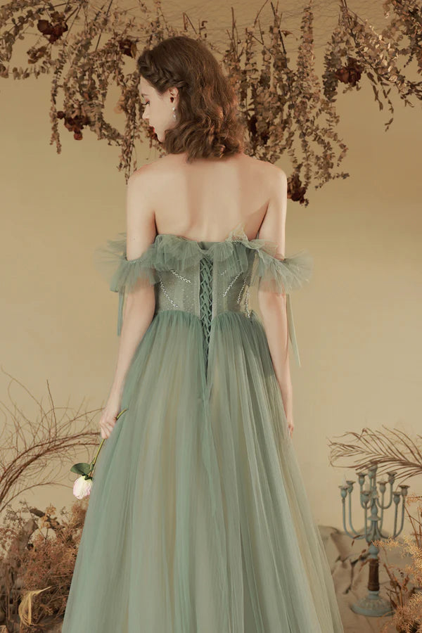 Green Off the Shoulder Tulle Long Prom Dress Cute A-Line Party Dress