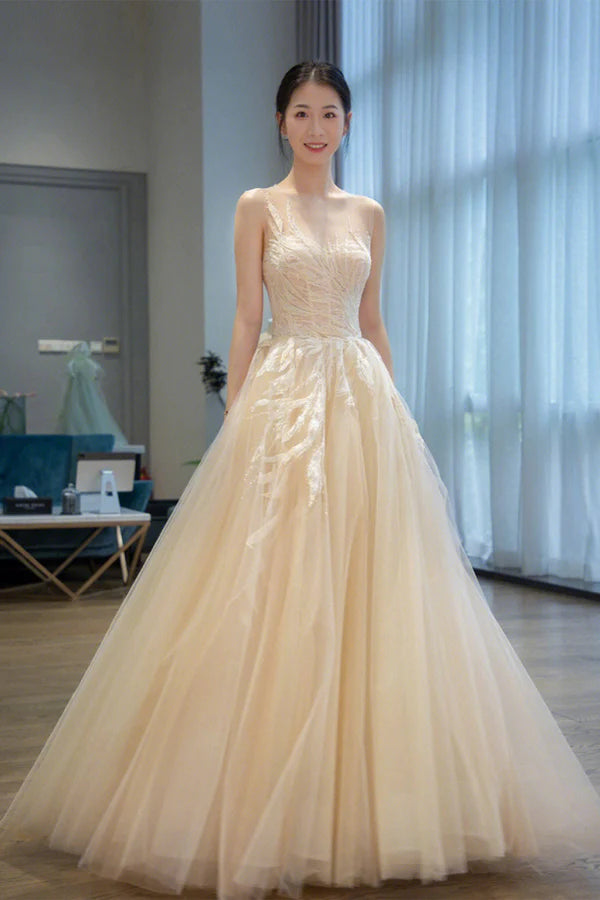 Champagne Scoop Lace Long Prom Dress A-Line Champagne Evening Dress