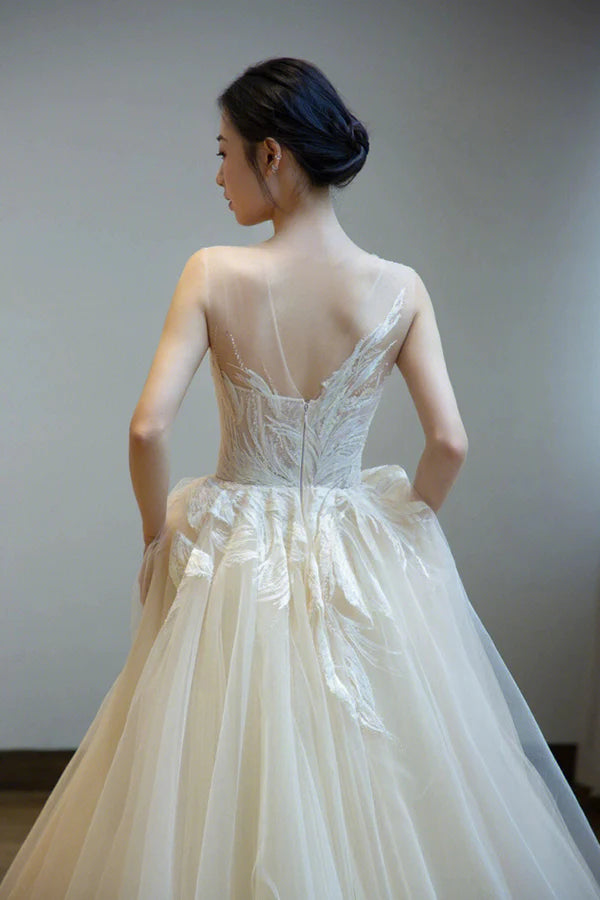 Champagne Scoop Lace Long Prom Dress A-Line Champagne Evening Dress