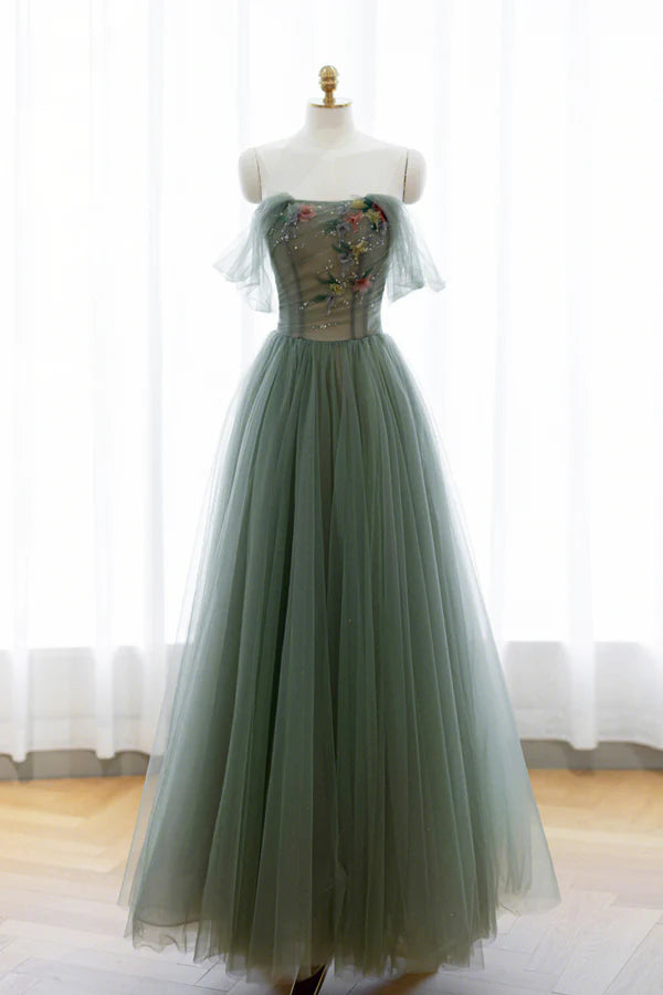 Gray Green Tulle Beaded Long Prom Dress Beautiful A-Line Evening Dress