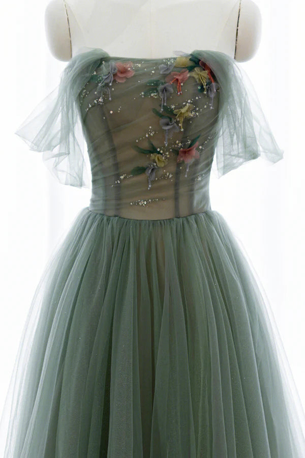 Gray Green Tulle Beaded Long Prom Dress Beautiful A-Line Evening Dress