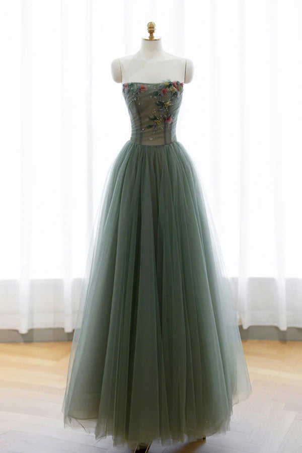 Gray Green Tulle Beaded Long Prom Dress Beautiful A-Line Evening Dress