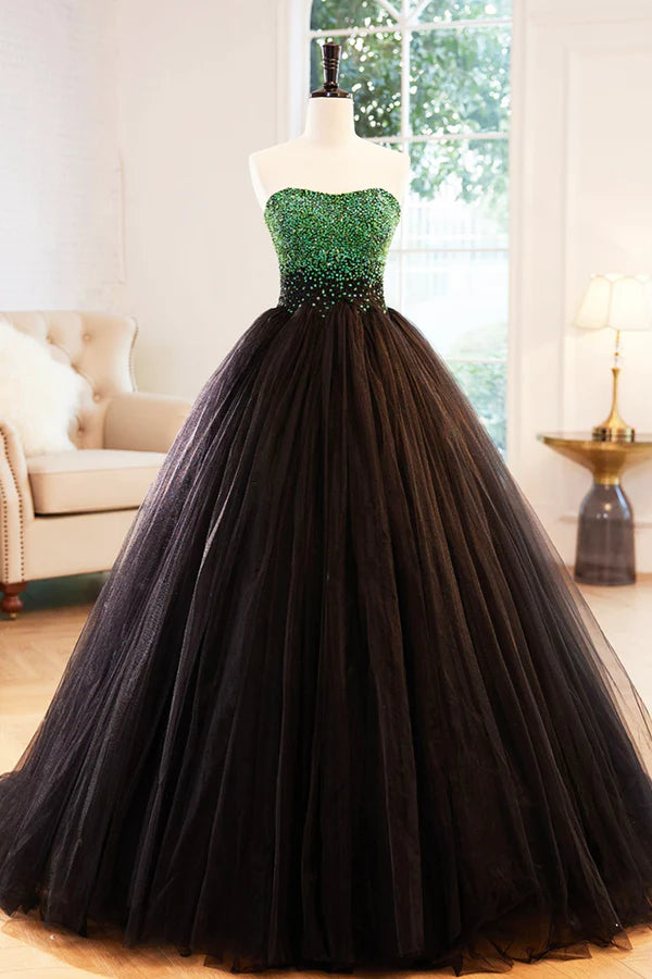 Black Tulle Long Formal Dress with Green Beaded Black Strapless Prom Dress