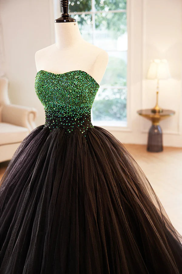 Black Tulle Long Formal Dress with Green Beaded Black Strapless Prom Dress