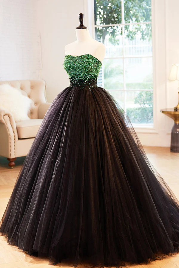Black Tulle Long Formal Dress with Green Beaded Black Strapless Prom Dress