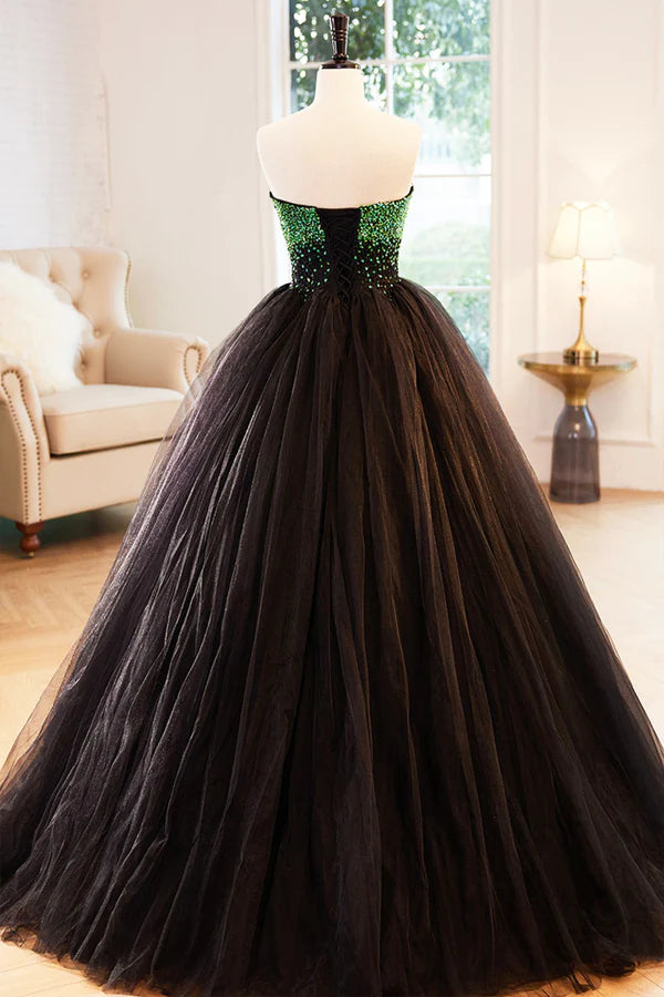 Black Tulle Long Formal Dress with Green Beaded Black Strapless Prom Dress