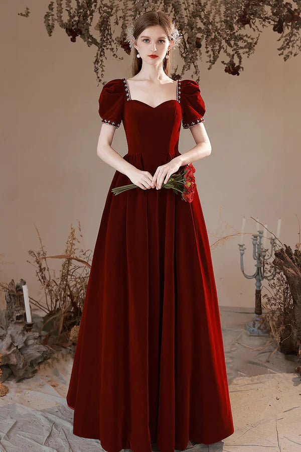Burgundy Velvet Long Formal Dress A-Line Short Sleeve Evening Party Dress