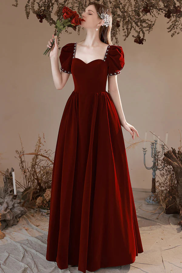 Burgundy Velvet Long Formal Dress A-Line Short Sleeve Evening Party Dress