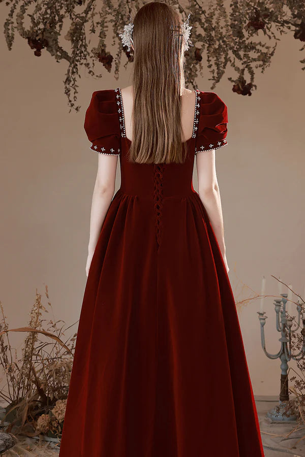 Burgundy Velvet Long Formal Dress A-Line Short Sleeve Evening Party Dress