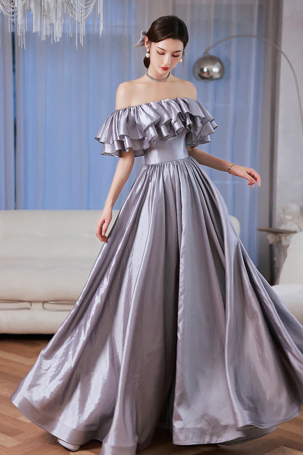 Lovely Satin Floor Length Prom Dress Off Shoulder Evening Dress with Bow