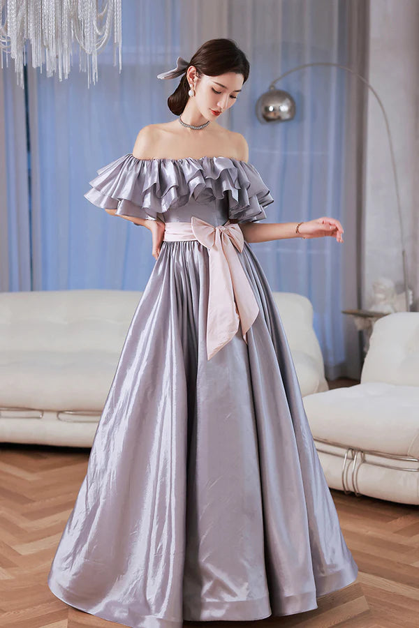Lovely Satin Floor Length Prom Dress Off Shoulder Evening Dress with Bow