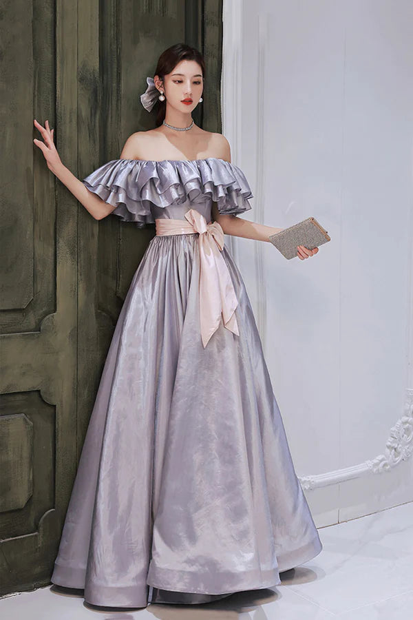 Lovely Satin Floor Length Prom Dress Off Shoulder Evening Dress with Bow
