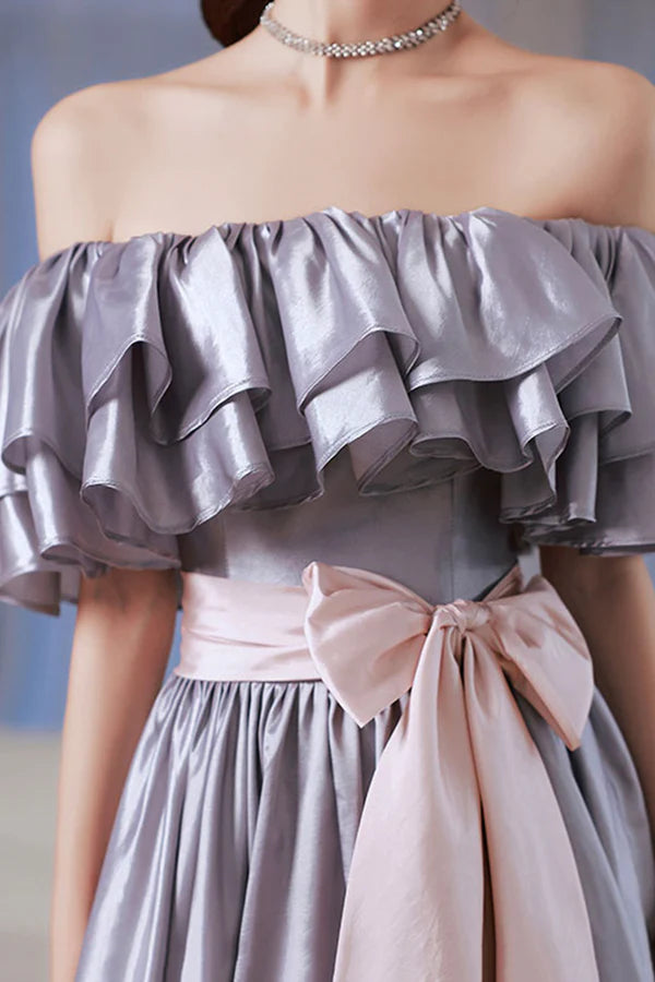 Lovely Satin Floor Length Prom Dress Off Shoulder Evening Dress with Bow