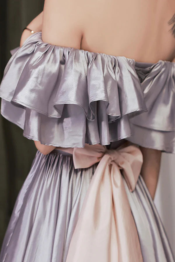 Lovely Satin Floor Length Prom Dress Off Shoulder Evening Dress with Bow