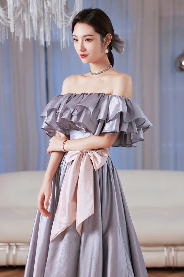 Lovely Satin Floor Length Prom Dress Off Shoulder Evening Dress with Bow
