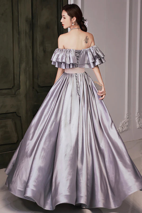 Lovely Satin Floor Length Prom Dress Off Shoulder Evening Dress with Bow