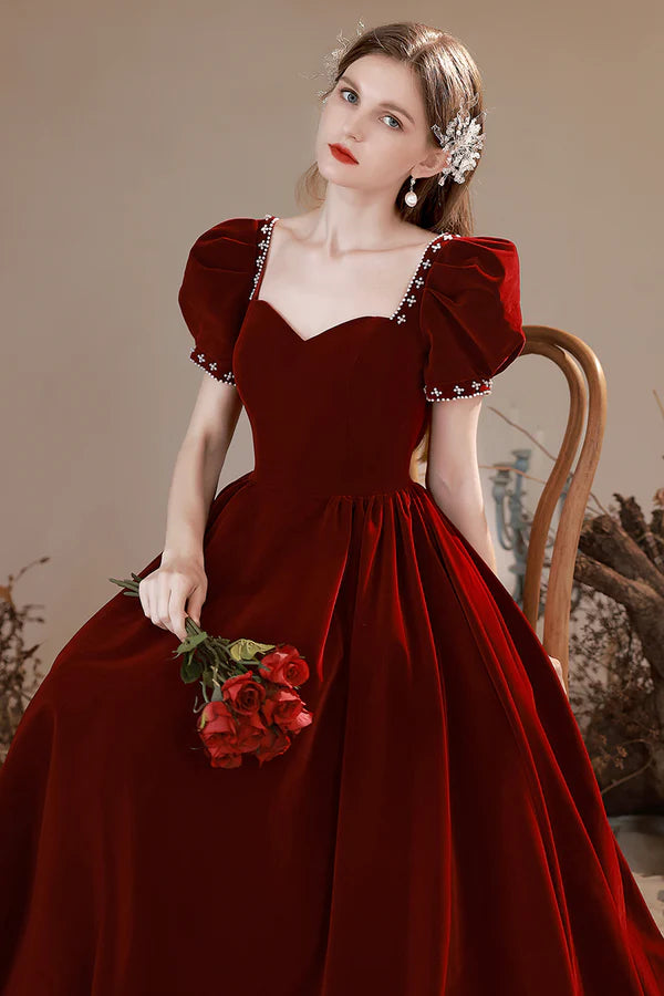 Burgundy Velvet Long Formal Dress A-Line Short Sleeve Evening Party Dress
