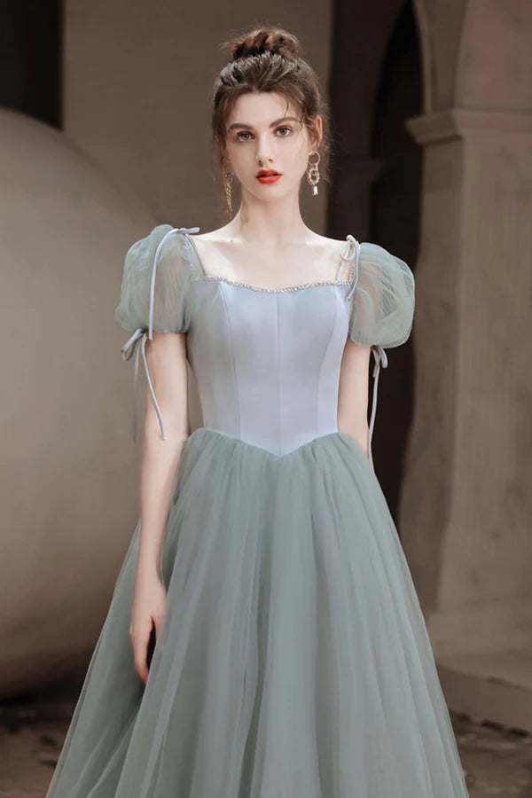 Green A-Line Tulle Long Prom Dress Green Graduation Party Dress