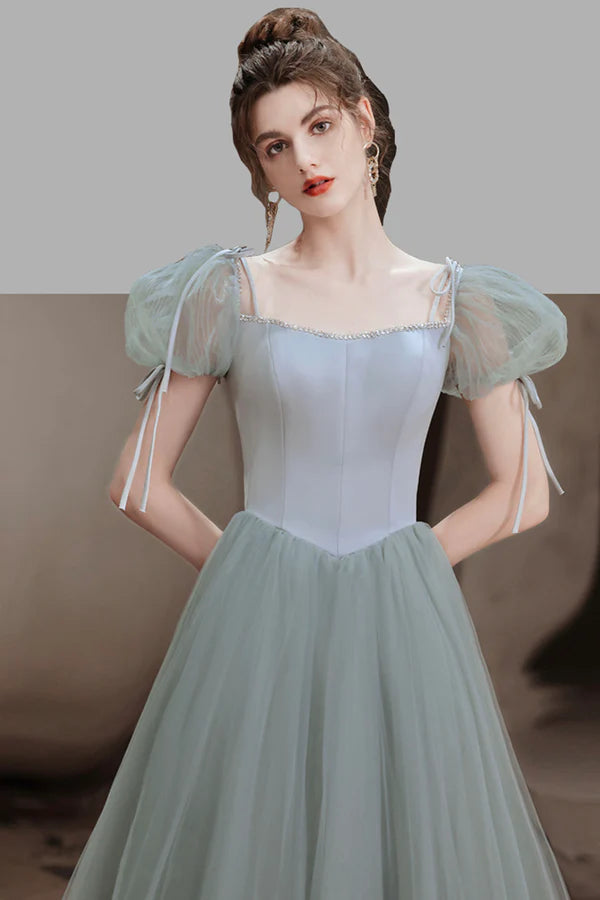 Green A-Line Tulle Long Prom Dress Green Graduation Party Dress