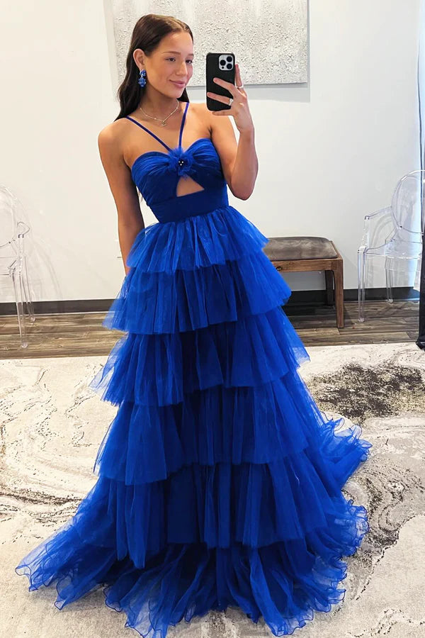 Blue Tulle Layers Long Prom Dress Beautiful A-Line Backless Evening Party Dress