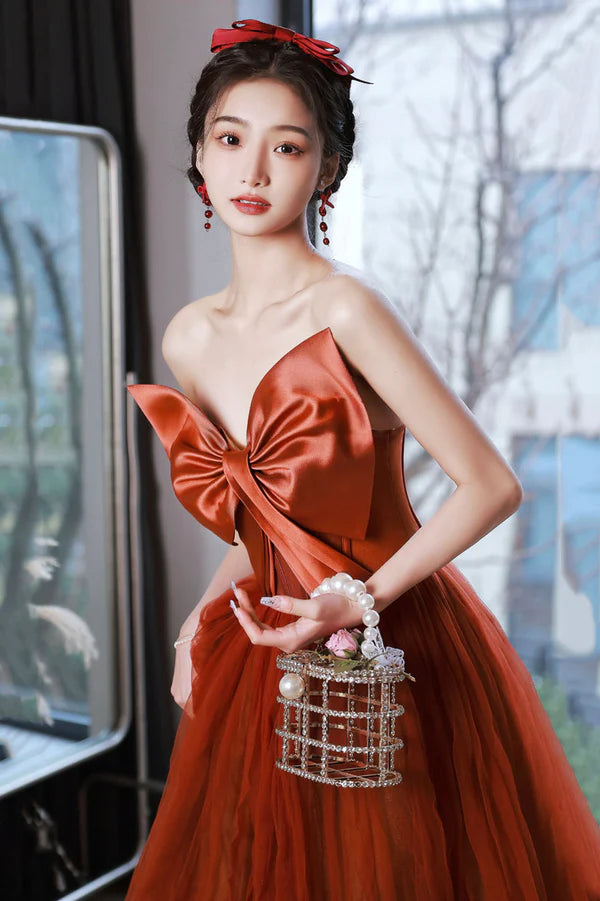 Cute Tulle Long Prom Dress with Bow Strapless A-Line Evening Party Dress