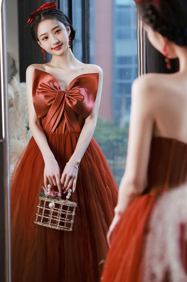 Cute Tulle Long Prom Dress with Bow Strapless A-Line Evening Party Dress