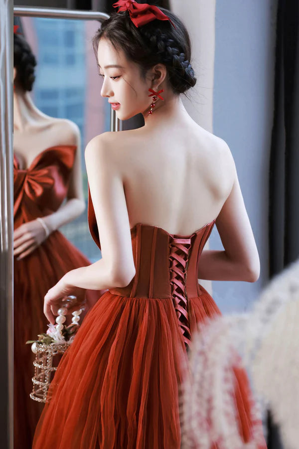 Cute Tulle Long Prom Dress with Bow Strapless A-Line Evening Party Dress