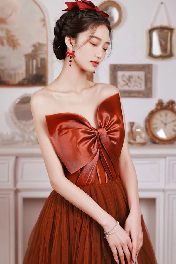 Cute Tulle Long Prom Dress with Bow Strapless A-Line Evening Party Dress