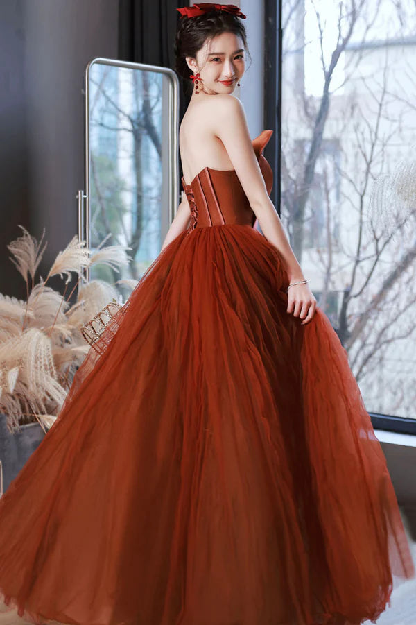 Cute Tulle Long Prom Dress with Bow Strapless A-Line Evening Party Dress