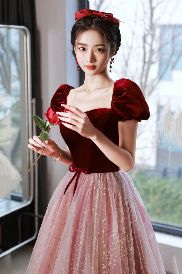 A-Line Short Tulle Floor Length Prom Dress Lovely Pink Graduation Dress