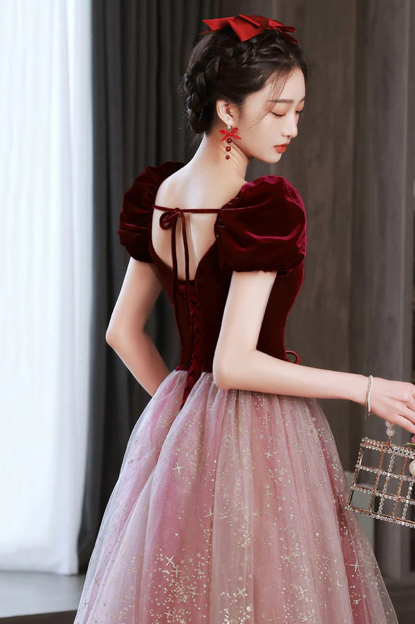 A-Line Short Tulle Floor Length Prom Dress Lovely Pink Graduation Dress