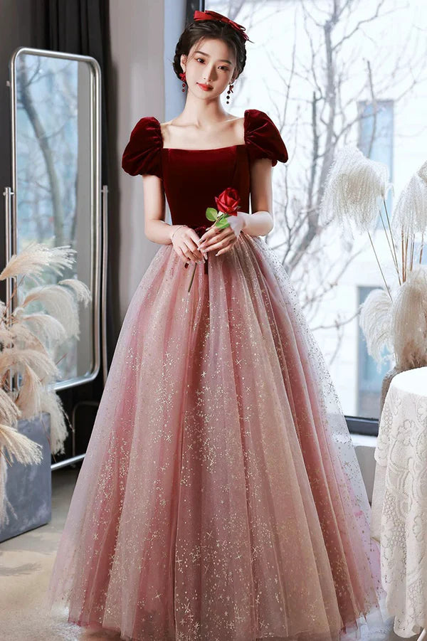 A-Line Short Tulle Floor Length Prom Dress Lovely Pink Graduation Dress