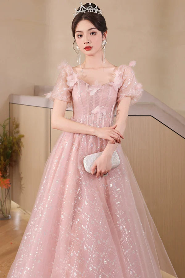 Pink Tulle Flowers Floor Length Prom Dress Beautiful A-Line Evening Party Dress