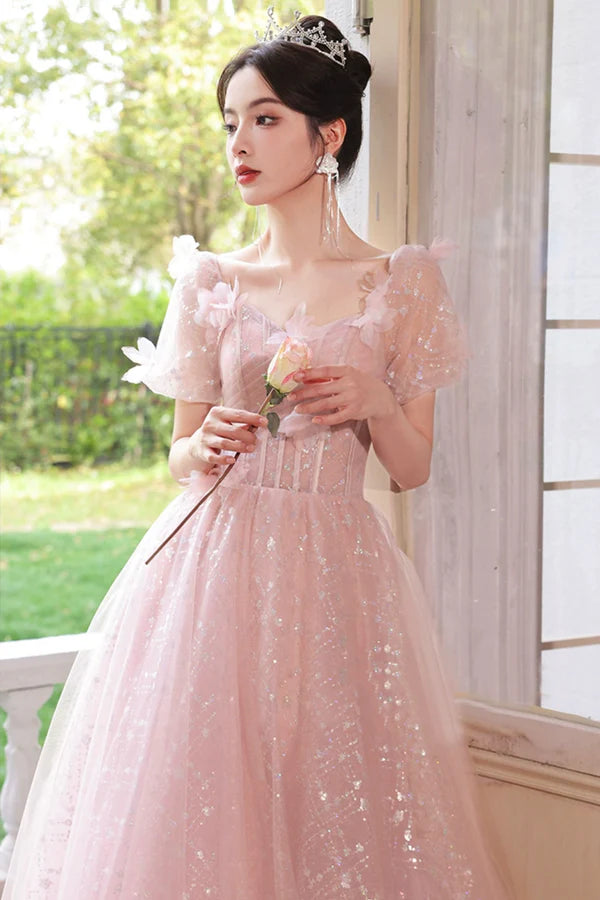 Pink Tulle Flowers Floor Length Prom Dress Beautiful A-Line Evening Party Dress