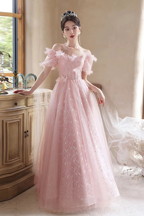Pink Tulle Flowers Floor Length Prom Dress Beautiful A-Line Evening Party Dress