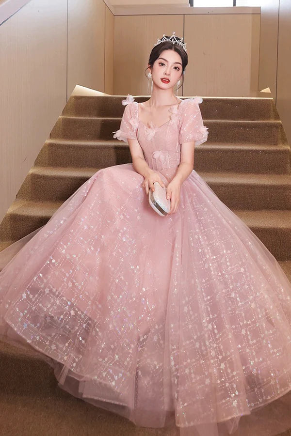 Pink Tulle Flowers Floor Length Prom Dress Beautiful A-Line Evening Party Dress