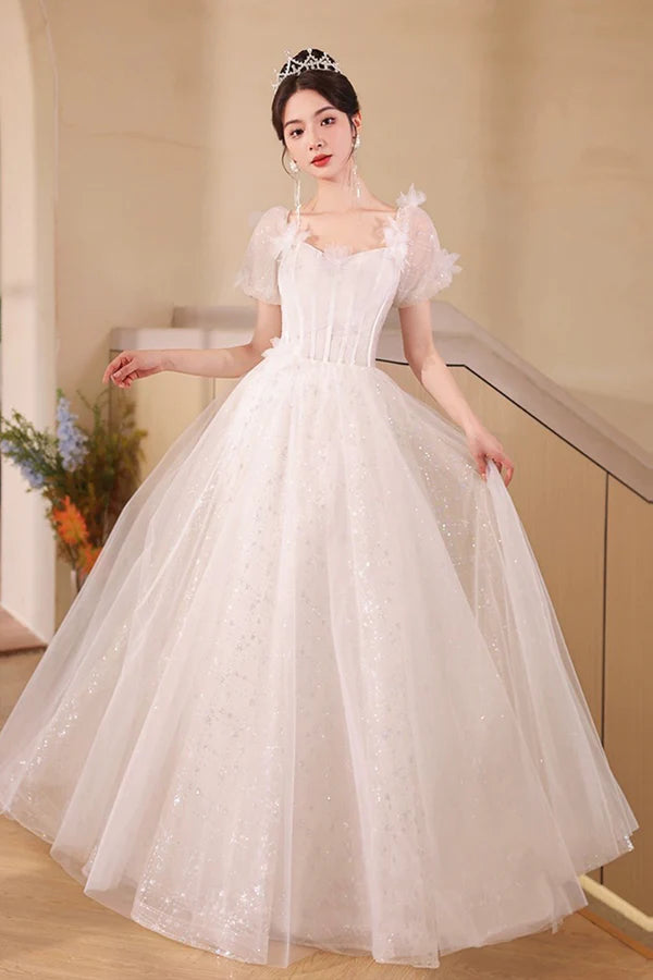 Pink Tulle Flowers Floor Length Prom Dress Beautiful A-Line Evening Party Dress