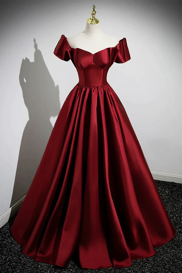 A-Line Burgundy Satin Floor Length Prom Dress Off the Shoulder New Party Dress