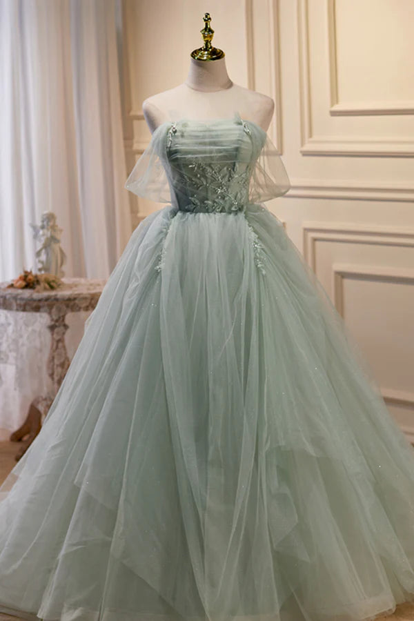 Green Sweetheart Beaded Tulle Long Prom Dress Green Evening Dress