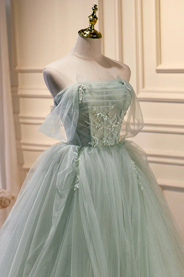 Green Sweetheart Beaded Tulle Long Prom Dress Green Evening Dress