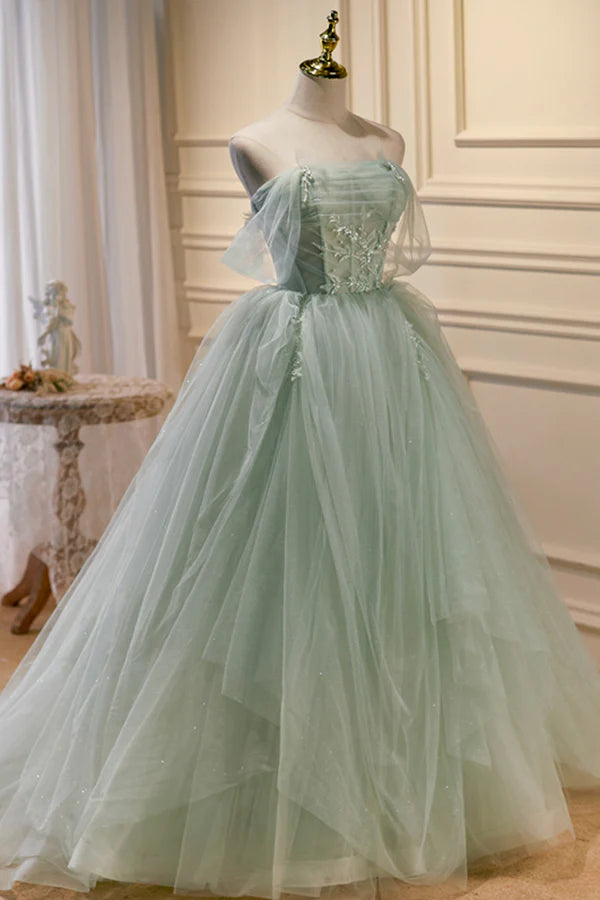 Green Sweetheart Beaded Tulle Long Prom Dress Green Evening Dress