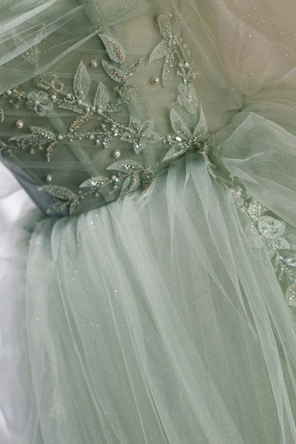 Green Sweetheart Beaded Tulle Long Prom Dress Green Evening Dress