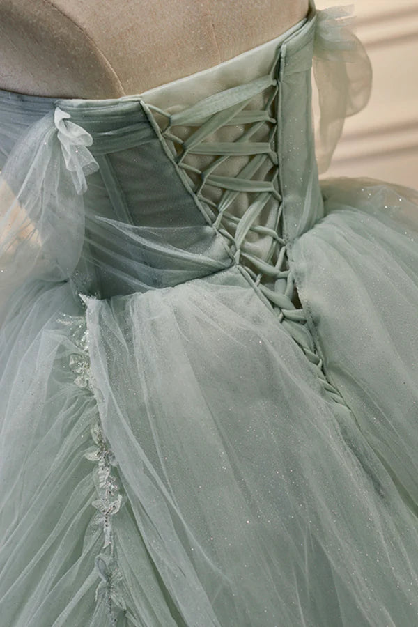 Green Sweetheart Beaded Tulle Long Prom Dress Green Evening Dress