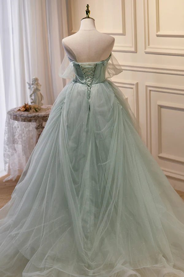 Green Sweetheart Beaded Tulle Long Prom Dress Green Evening Dress