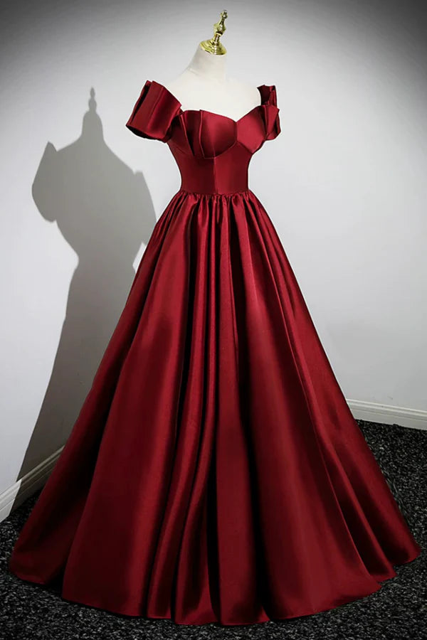 A-Line Burgundy Satin Floor Length Prom Dress Off the Shoulder New Party Dress
