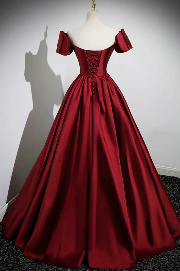 A-Line Burgundy Satin Floor Length Prom Dress Off the Shoulder New Party Dress