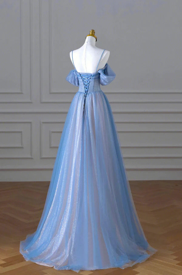 Blue Spaghetti Strap Tulle Long Prom Dress Beautiful A-Line Evening Dress