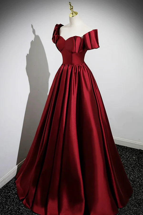 A-Line Burgundy Satin Floor Length Prom Dress Off the Shoulder New Party Dress