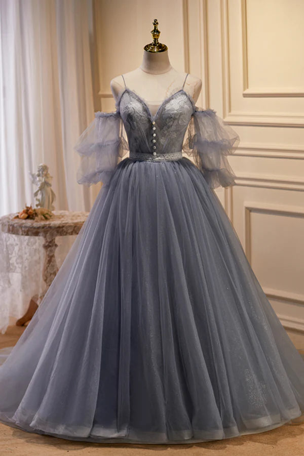 Gray Spaghetti Strap Lace Long Prom Dress Off the Shoulder Evening Party Dress