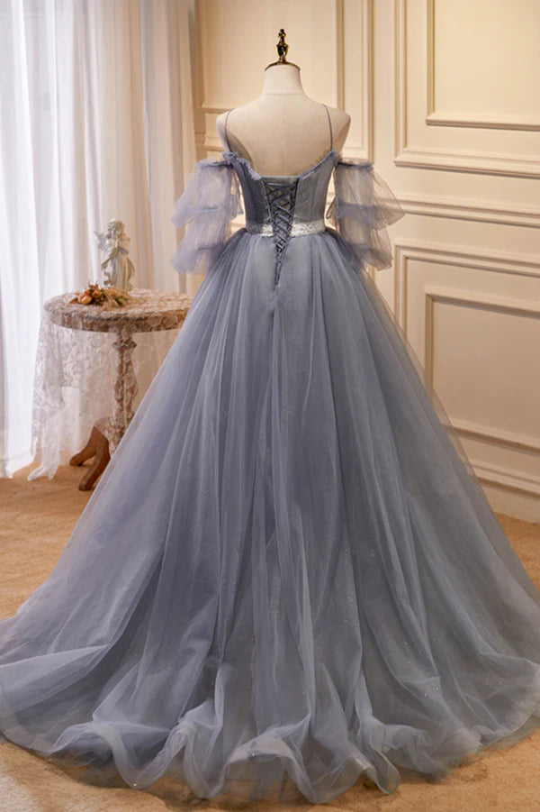 Gray Spaghetti Strap Lace Long Prom Dress Off the Shoulder Evening Party Dress